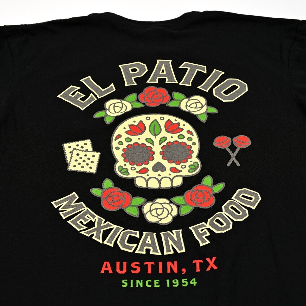 El Patio Tex Mex Austin TX Graphic T-Shirt Black Medium Casual Muertos Skull Tee